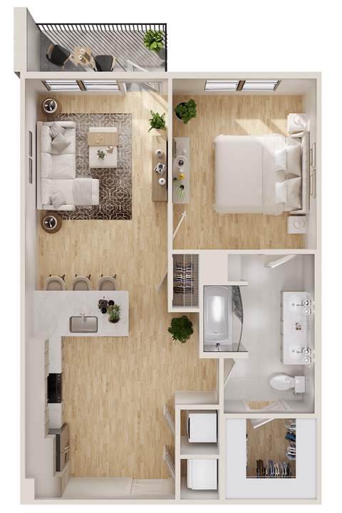 Floor plan for 1 bed, 1 bath, 758 sqft
